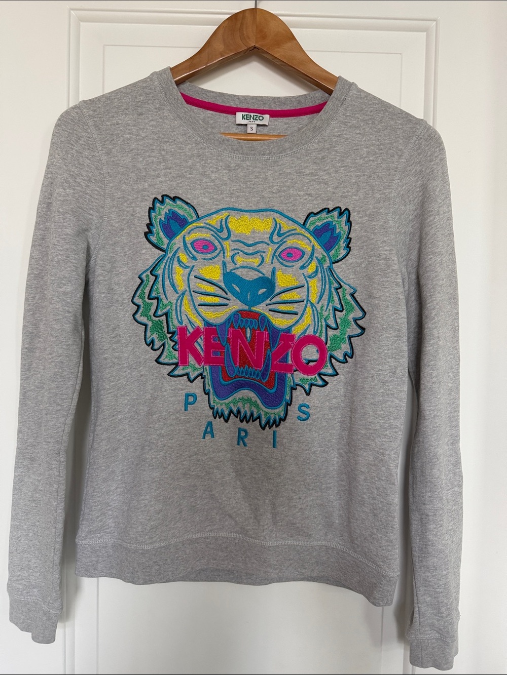 Kenzo Grey Sweatshirt with Neon Multicolor Tiger Embroidery